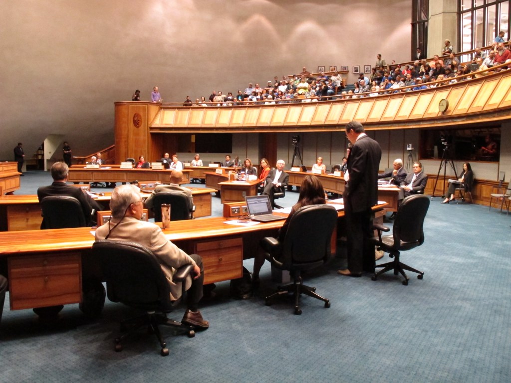 Senate lawmakers debate a gay marriage bill at the Hawaii Capitol in Honolulu on Tuesday. The bill allowing same-sex couples to wed on the islands starting Dec. 2 is expected to pass easily.