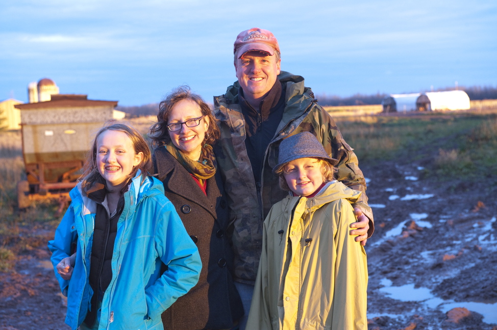 SUPER BOWL SHOT. Former Winslow resident Lucie Amundsen and her husband Jason pose with their children, Milo, 10, and Abbie, 12 at their egg farm in Wrenshall, Minn. The Amundsen’s company, Locally Laid, is one of four finalists in a contest to win a television commercial that will be aired during the Super Bowl in February.