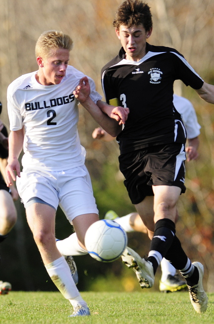 ON THE BALL: Nat Crocker, left, is part of a talented 1-2 offensive punch for the Hall-Dale boys soccer team, along with Konnor Longfellow.