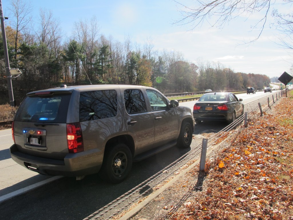 An unmarked New York State Police SUV is seen in Mount Pleasant, N.Y., recently, after a trooper pulled over another driver for distracted driving.