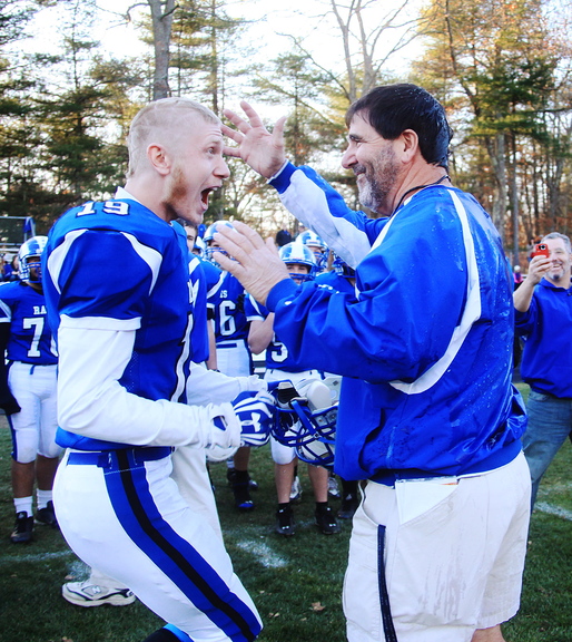 Jake Lary celebrates with Coach Joe Rafferty after Kennebunk beat Marshwood on Saturday and earned a spot against Cony in the Class B championship game Friday night.