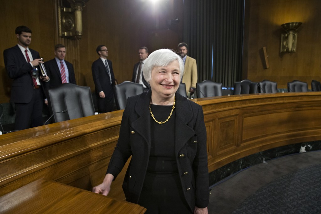 Fed chairman nominee Janet Yellen leaves her confirmation hearing Thursday after testifying before the Senate Banking Committee.