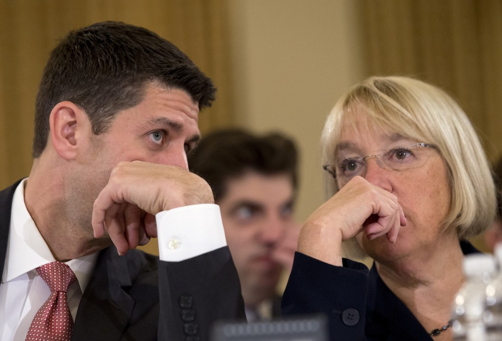 House Budget Committee Chairman Rep. Paul Ryan, R-Wis., speaks with Senate Budget Committee Chair Sen. Patty Murray, D-Wash., Wednesday at the start of a Congressional Budget Conference. Budget negotiators heard testimony from CBO Director Douglas Elmendorf who urged “big steps” toward an agreement.