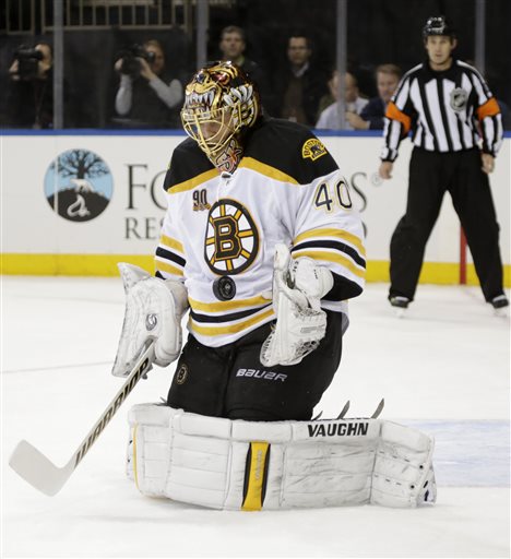 Boston Bruins goalie Tuukka Rask (40) blocks a shot in the second period of their NHL hockey game against the New York Rangers at Madison Square Garden in New York, Tuesday, Nov. 19, 2013. (AP Photo/Kathy Willens)