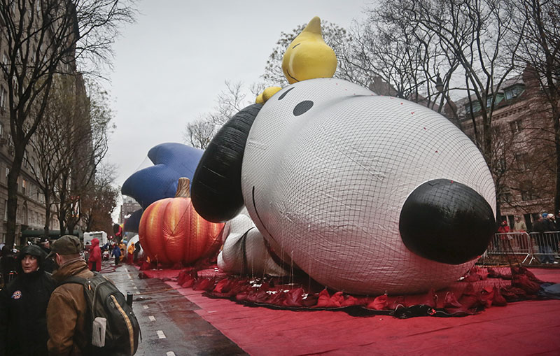 The Macy's Parade Snoopy balloon is partially inflated on Wednesday, Nov. 27, 2013 in New York. The characters that glide between Manhattan's skyscrapers can't lift off if sustained winds exceed 23 mph and gusts top 34 mph.