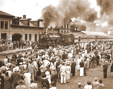 FILE PHOTO The 470 steam locomotive makes it way to the old College Avenue crossing during its last run in front of 2,000 spectators on Sunday June 13, 1954 in Waterville.