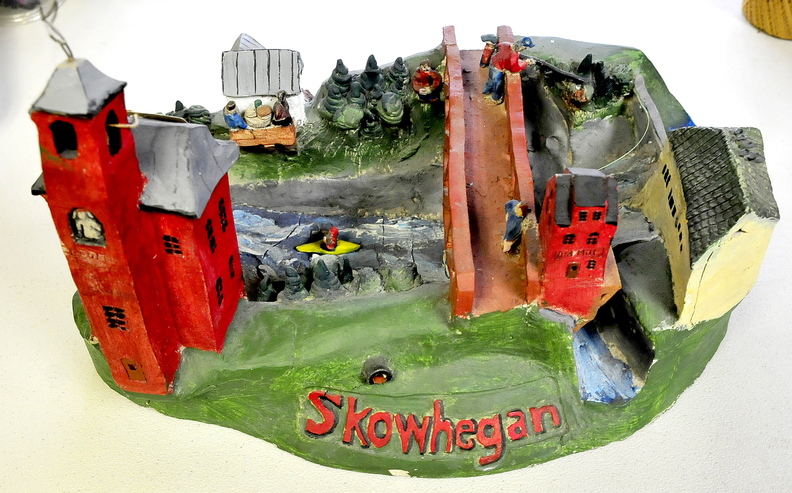 LOCAL: A clay sculpture of the Kennebec Gorge in Skowhegan is among the items for sale by Iver Lofving in the temporary pop-up store inside the Grist Mill in downtown Skowhegan.