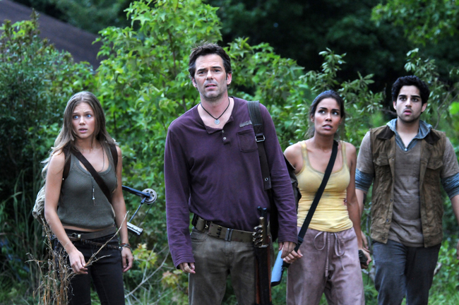 From left, Tracy Spiridakos as Charlie Matheson, Billy Burke as Miles Matheson, Daniella Alonso as Nora, and Paras Patel as Albert, in a scene from “Revolution.”