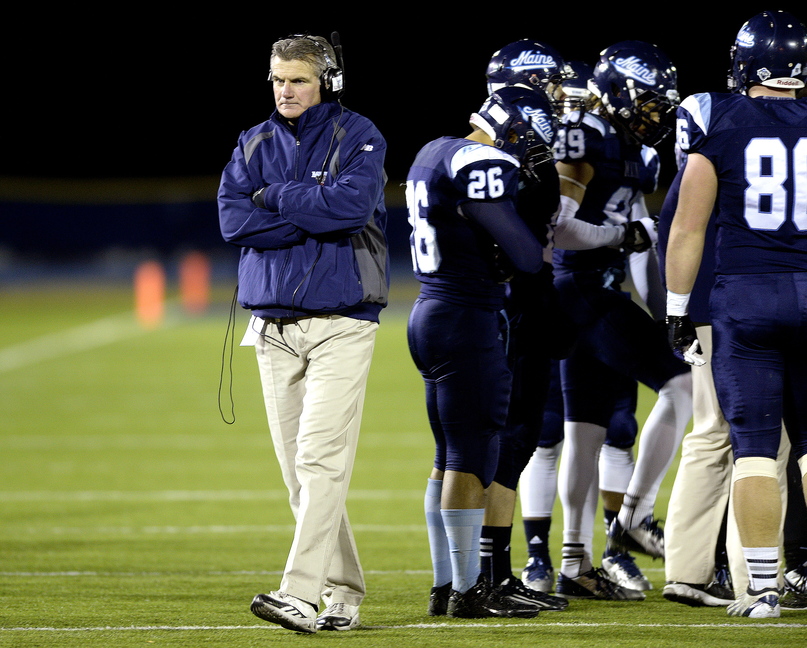 UMaine head coach Jack Cosgrove paced the field during a timeout in the Black Bears season-ending 41-27 loss against UNH at Alfond Stadium Saturday, Dec. 7, 2013. Cosgrove was named Co-Coach of the Year for Region 1 of the Football Championship Subdivision.