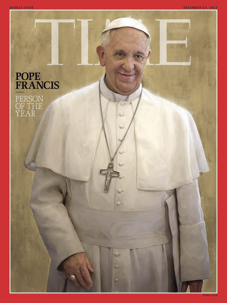 Pope Francis, Time magazine’s 2013 Person of the Year, is seen an undated photo of the magazine cover provided by Time. Time said the Catholic church’s new leader has changed the perception of his organization in an extraordinary way in a short time.