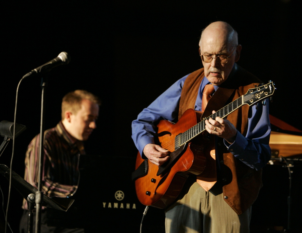 Guitarist Jim Hall plays with Geoffrey Keezer on piano during the 50th annual Monterey Jazz Festival in Monterey, Calif., in this Sept. 21, 2007, photo.