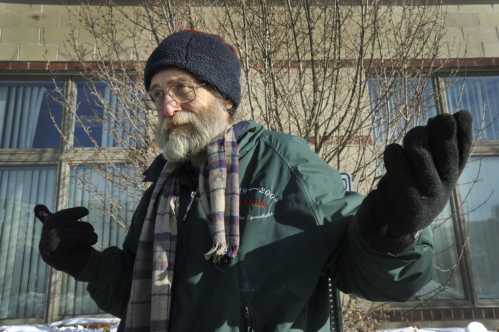 Members and advocates of the Preble Street Homeless Voices for Justice gathered at the Portland office of the Maine Department of Health and Human Services Tuesday morning to protest the proposed move out of Portland. Jim Devine, a former homeless person, and an advocate for the homeless, participated in the protest.