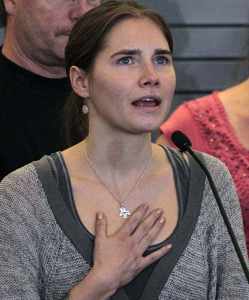 Amanda Knox speaks at a news conference shortly after her arrival from Italy at Seattle-Tacoma International Airport in Seattle in this Oct. 4, 2011, photo. Knox spent four years in jail in Italy, from her arrest to her conviction in her first murder trial through her successful appeal. She ís now facing a second appeals trial, along with her former Italian boyfriend Raffaele Sollecito.