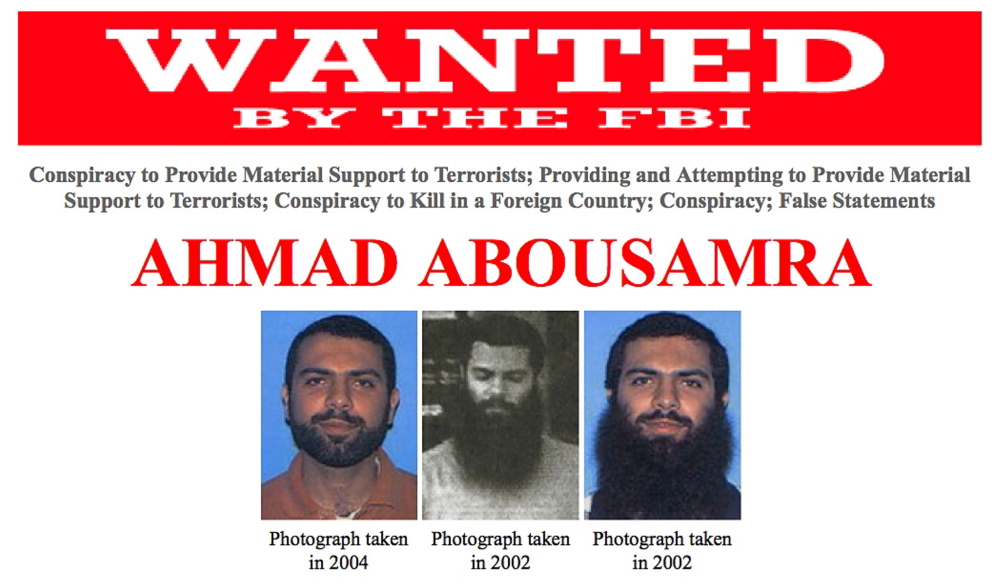 A wanted poster shows Ahmad Abousamra. The FBI is seeking the public’s help in locating Abousamra, a U.S. citizen from Mansfield, Mass., who was indicted in 2009 after taking multiple trips to Pakistan and Yemen, where he allegedly attempted to obtain military training for the purpose of killing American soldiers overseas, according to officials.