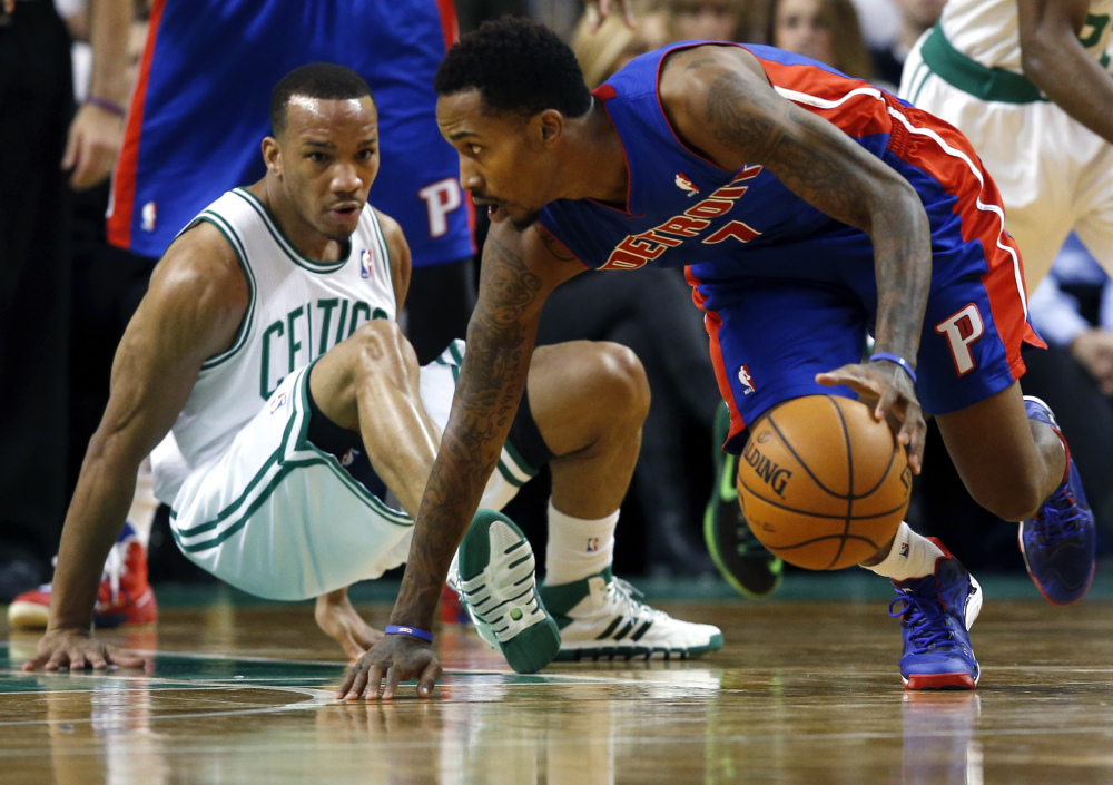 AP photo Detroit Pistons point guard Brandon Jennings (7) controls the ball as Boston Celtics point guard Avery Bradley falls to the floor in the second half of an NBA basketball game in Boston. The Pistons won 107-106.
