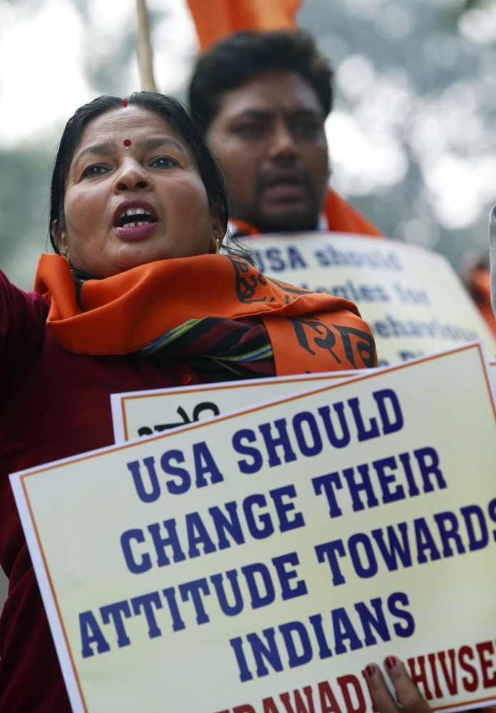 Protesters shout slogans near the U.S Embassy in New Delhi Wednesday in a demonstration against the alleged mistreatment of New York-based Indian diplomat Devyani Khobragade.