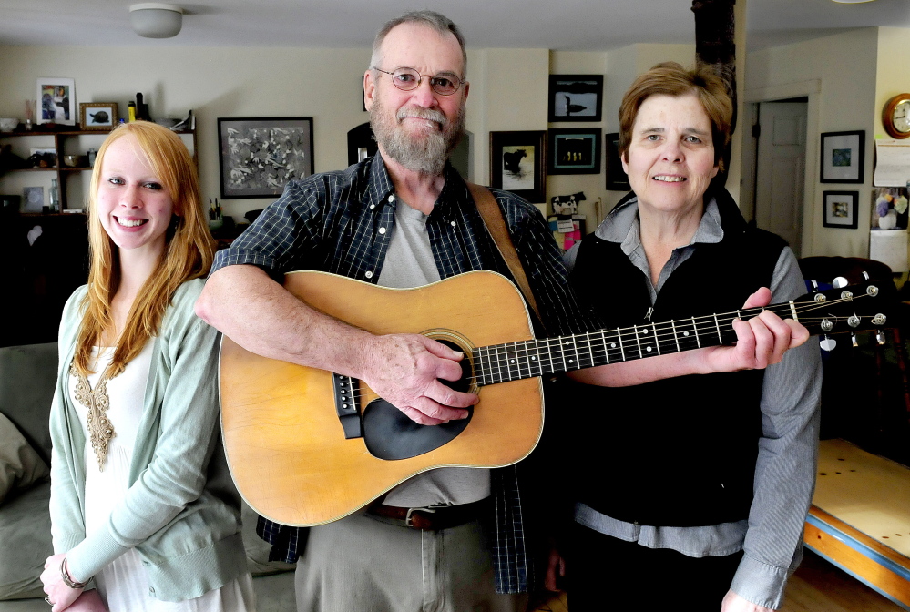 SONG TRIBUTE: Musicians Julie Churchill, left, and Stan and Liz Keach before singing Stan’s song about Maine icon Donn Fendler, who was famously lost on Mount Katahdin as a child.