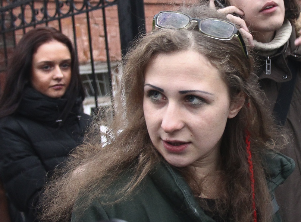 Maria Alekhina, a member of the Russian punk band Pussy Riot speaks to the media at the Committee against Torture after being released from prison, in Nizhny Novgorod, Russia, on Monday.