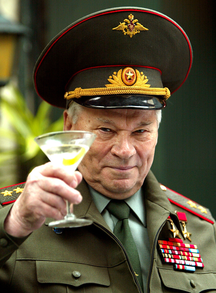 Russia’s Lt. Gen. Mikhail Kalashnikov, famous for his AK-47 gun design, is shown in a 2004 photo. His work as a weapons designer for the Soviet Union is immortalized in the name of the world’s most popular firearm.