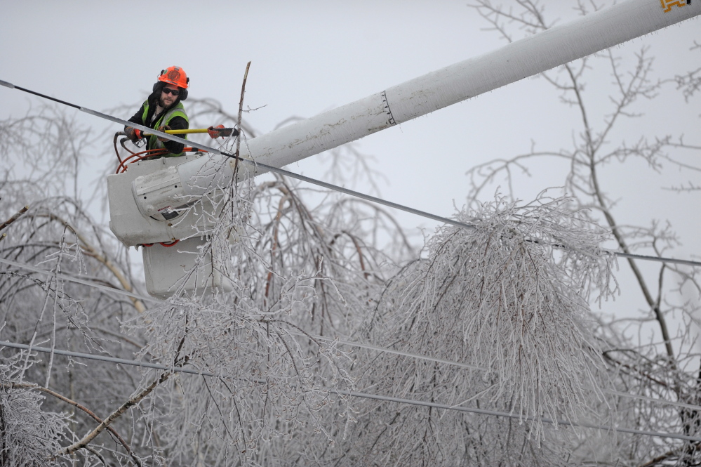 LINE CLEARING: Andrew Powers, an arborist with Asplundh Tree Experts, clears power lines from iced branches along Mayflower Heights Drive in Oakland on Monday.