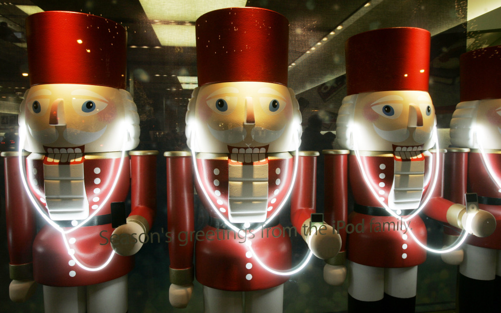 A display of nutcracker soldiers wear iPods at the Apple Store in Chicago.