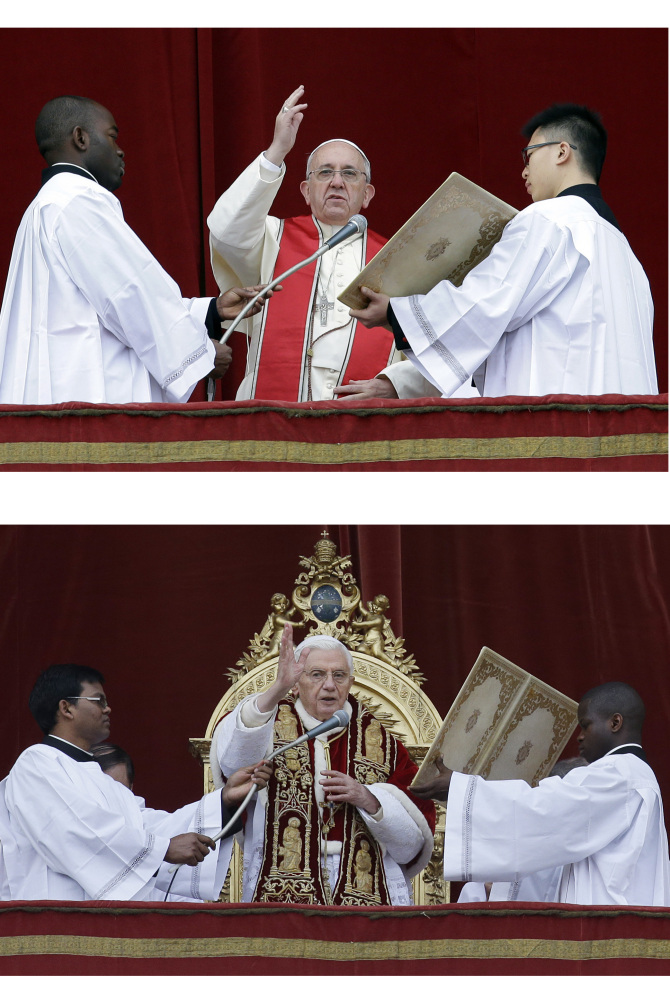 In this combined picture Pope Francis, top, and Pope Benedict XVI deliver their “Urbi et Orbi” (to the City and to the World) message from the central balcony of St. Peter’s Basilica at the Vatican, respectively on Wednesday, Dec. 25, 2013 and Tuesday, Dec. 25, 2012. The 77-year-old Francis kept to the style simplicity he has set for his papacy. Wearing a plain white cassock, Francis presented a sharp contrast in appearance when compared to the pope who stood on the same balcony on Christmas exactly a year ago. Then Benedict XVI, who was soon to stun the world with his retirement last winter, read his Christmas speech while dressed in a crimson, ermine-trimmed cape.