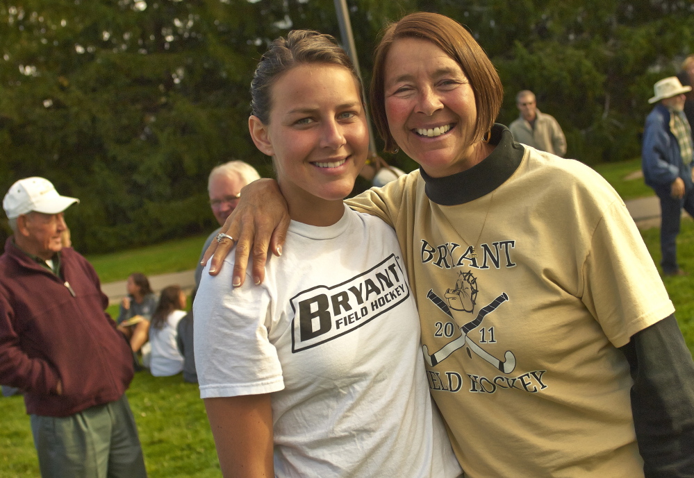 Kayleigh Ballantyne with her mother, Kim, after a field hockey game with UMaine in Orono on Oct. 6.