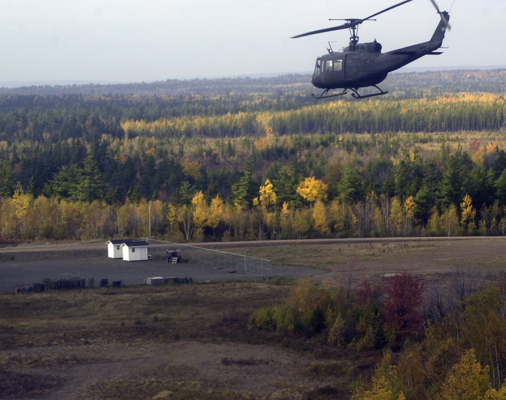 A Maine Army National Guard helicopter flies over Canadian Forces Base Gagetown in New Brunswick.
