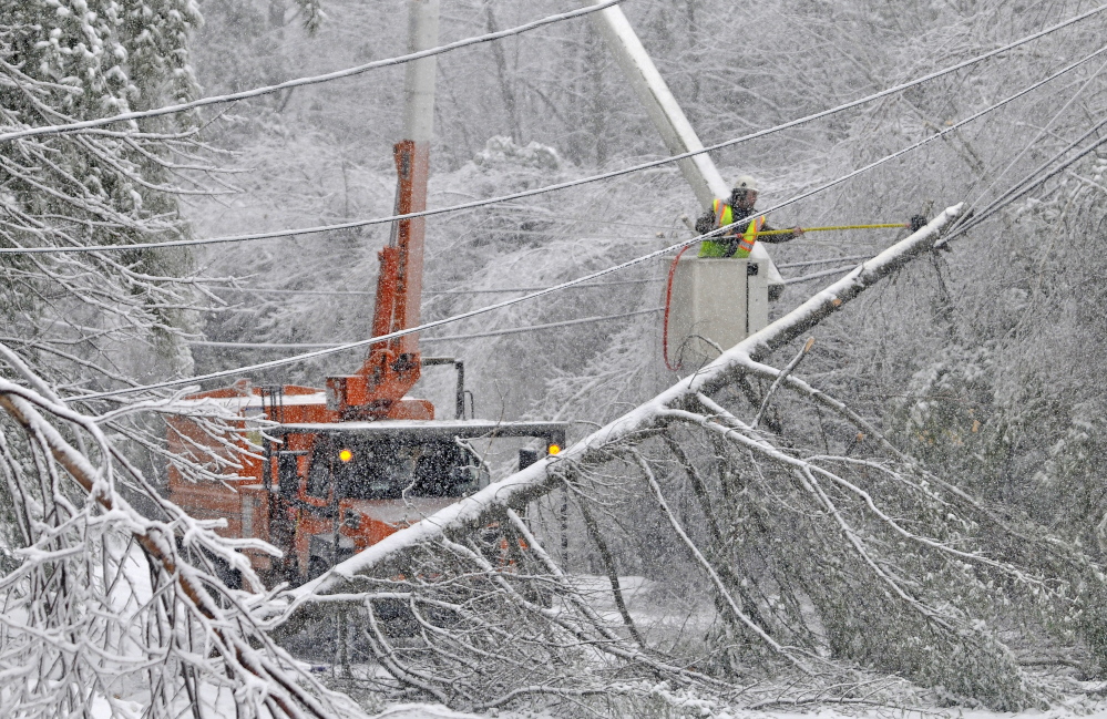 ICY RECOVERY: Carl Taylor, an arborist with Asplundh Tree Expert Co., frees a tree from the power lines on Maplehurst Road in Belgrade on Thursday, Dec. 26, 2013. Crews have been working around the clock this week to restore power to customers in central Maine.