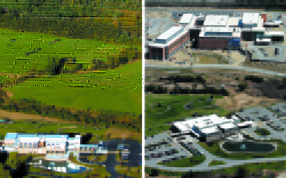 Nearly done: Left, a September 2007 file photo shows MaineGeneral Medical Center’s Harold Alfond Center for Cancer Care in Augusta. Right, the new regional hospital is shown, in the background, nearing completion.