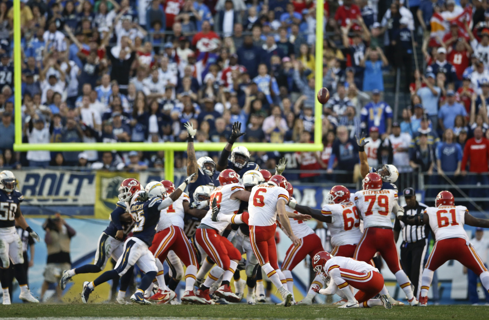 Kansas City Chiefs kicker Ryan Succop misses the possible game-winning field goal against the San Diego Chargers during the closing seconds of regulation of an NFL football game, Sunday.