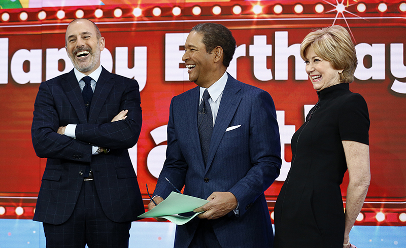 This image released by NBC shows, from left, host Matt Lauer with guest hosts, Bryant Gumbel and Jane Pauley, on NBC News' "Today" show, Monday, Dec. 30, 2013 in New York. Gumbel and Pauley, who worked together on “Today” from 1982 to 1989, joined Matt Lauer to co-host on Monday, filling in for Savannah Guthrie and Natalie Morales who were off. (AP Photo/NBC, Peter Kramer) Episodic;NUP_160234