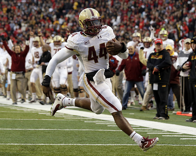 Boston College running back Andre Williams jogs into the end zone for a touchdown in the first half of a game against Maryland in College Park, Md. Williams was a finalist for the Heisman Trophy. Expect to see a lot of him as Boston College plays Arizona in the AdvoCare V100 Bowl.