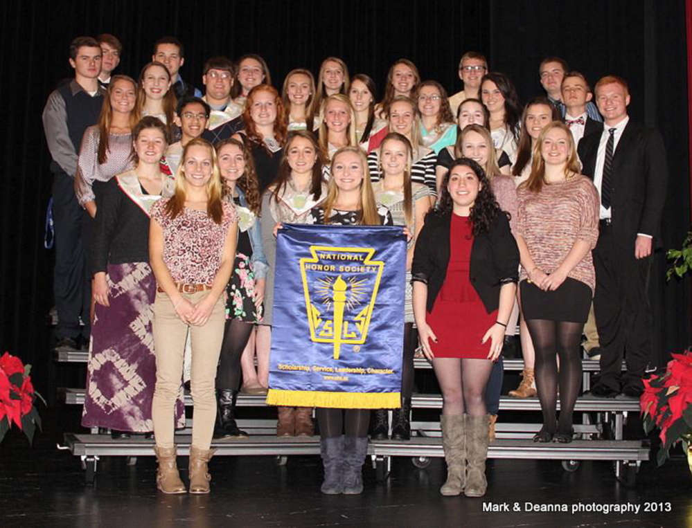 The National Honor Society at Cony High School recently named its new inductees. Pictured are returning members Alexis Dostie, president; Riley Hopkins, vice president; Peter Ackerman, secretary; Joshua Cormier, event coordinator; Nicolas Benner, Zachary Gagne, Josie Heath, Sarah Kaplan, Lindsay Lapierre, Brettany MacFarland, Sarah Smith and Joseph Wathen. New members include: Emily Bowers, Katie Carroll, Michayla Dostie, Katie Fenton, Isaac Gingras, Kate Johnson, Lauren Wheelock, Devin Beckim, Jillian Beland, Katelyn Bilodeau, Arika Brochu, Rebecca Coniff, Shaun Gallagher, Courtney King, Mary-Margaret Kirschner, Erica Laplante, Courtney Mills, Olivia Rancourt, Kelsey Rohman and Sydney Sansouci.