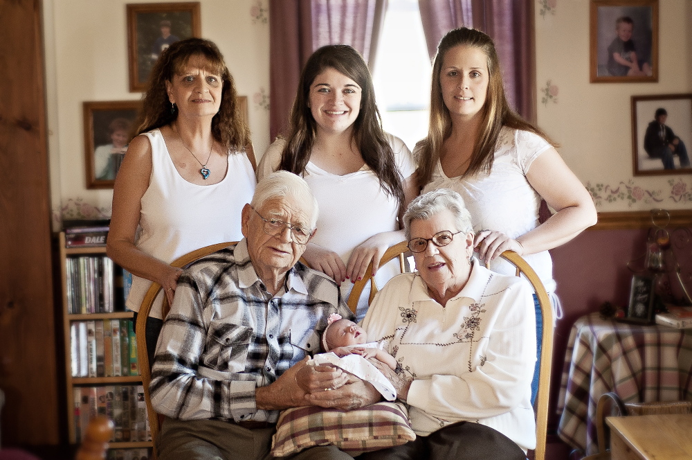 FAMILY PHOTO: The five generation photo includes Robert and Doris Garnder, of Benton, holding Elaina Knight, of Fairfield. In back, from left, is Elaine Higgins, of Fairfield, Brittny Knight, of Fairfield, and Rachel Woodbury, also of Fairfield.