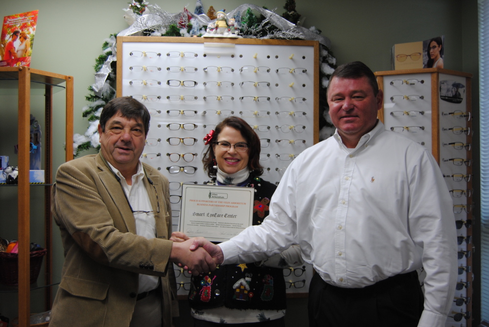 Smart Eye Care of Augusta has joined in supporting the Viles Arboretum through its Business Partnership Program. From left are Mark DesMeules, executive director of the arboretum; board member Cathy Burnham; and Paul Wheeler, chief executive officer of Smart Eye Care, accepting a certificate in recognition of their support. “We are very happy to support the good work of the Viles Arboretum. Many of our employees hike, ski, snow shoe and generally enjoy the many trails, exhibits, and programs the Arboretum holds each year,” Wheeler said in a news release. For more information, call 626-7989 or visit www.vilesarboretum.org.