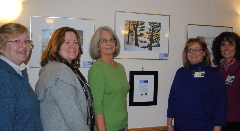 On exhibit: Valley Arts Alliance artists, from left, Pamela Newcomb, Grace Keown and Bonnie Ross; SVH President/CEO Teresa Vieira and SVH Director of Quality Sandi Delano.