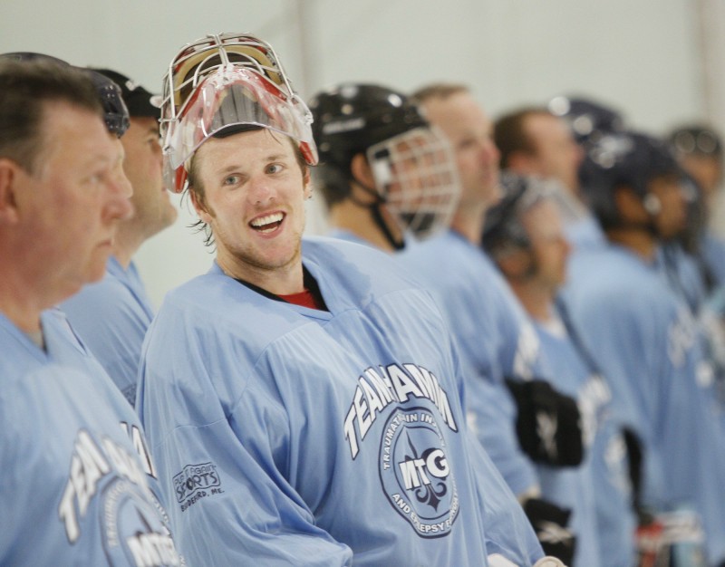 Jimmy Howard, a former University of Maine goalie now playing for the Detroit Red Wings, is shown in this 2011 file photo at a celebrity hockey game to benefit the Michael T. Goulet Foundation.