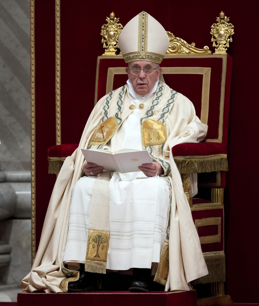 Pope Francis celebrates a New Year’s Eve vespers service in St. Peter’s Basilica at the Vatican. AP Photo