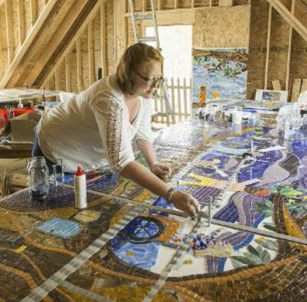 Amanda Edwards of Cape Elizabeth works on a glass mosaic. “My work has no big hidden meanings,” she says. “It’s just simply color, joy, love and moments of imaginative freedom.”