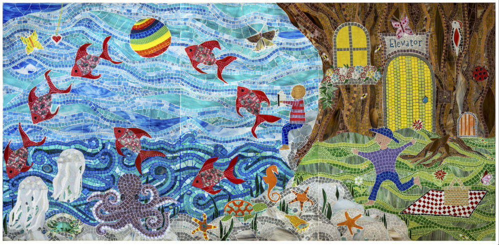 Five glass mosaic panels make up the artwork “Everyone’s Tree House,” created by Cape Elizabeth artist Amanda Edwards for the Boston Children’s Hospital's brand-new Mandell Building, which opens Monday. This panel is displayed on the first floor.