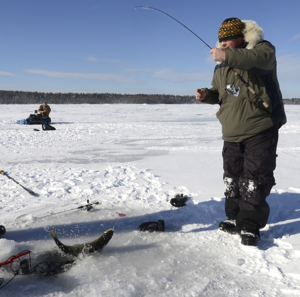 Mike Lorello of South Portland catches a togue at Lower Bay.