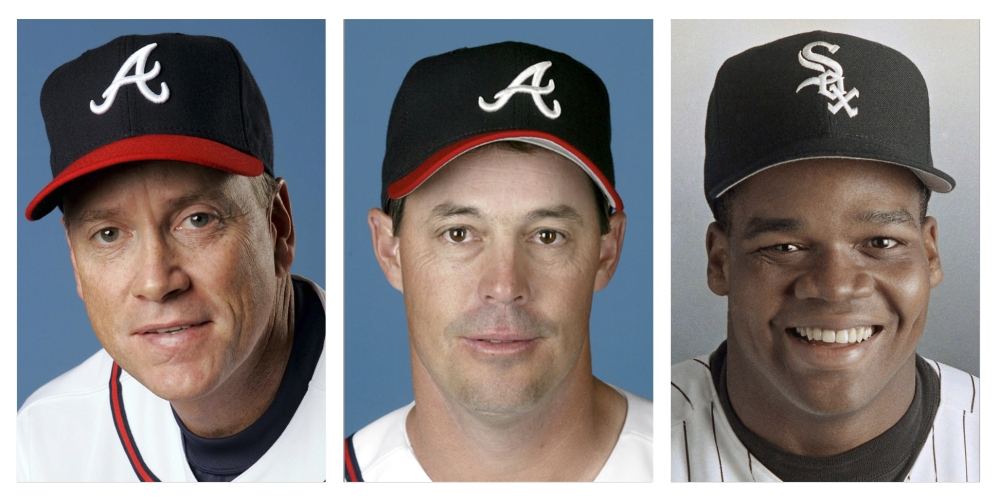 From left are Tom Glavine in 2008, Greg Maddux in 2008, and Frank Thomas in 1994 file photos. Glavine, Maddux and Thomas were selected to the Baseball Hall of Fame on Wednesday.