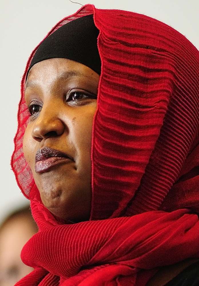 Fatuma Hussein of Somali Women of Maine at a hearing and news conference Friday in Augusta.