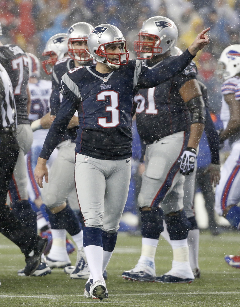 New England Patriots kicker Stephen Gostkowski (3) celebrates a field goal against the Buffalo Bills in the second quarter of an NFL football game Sunday, Dec. 29, 2013, in Foxborough, Mass. (AP Photo/Elise Amendola)