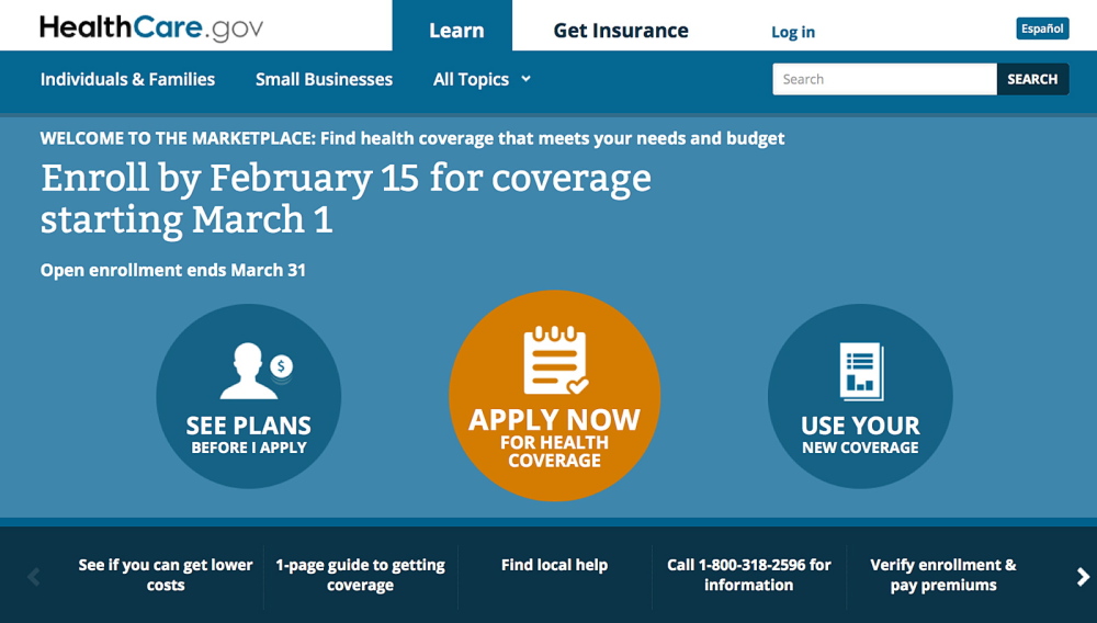 This screen image shows the homepage of HealthCare.gov website.