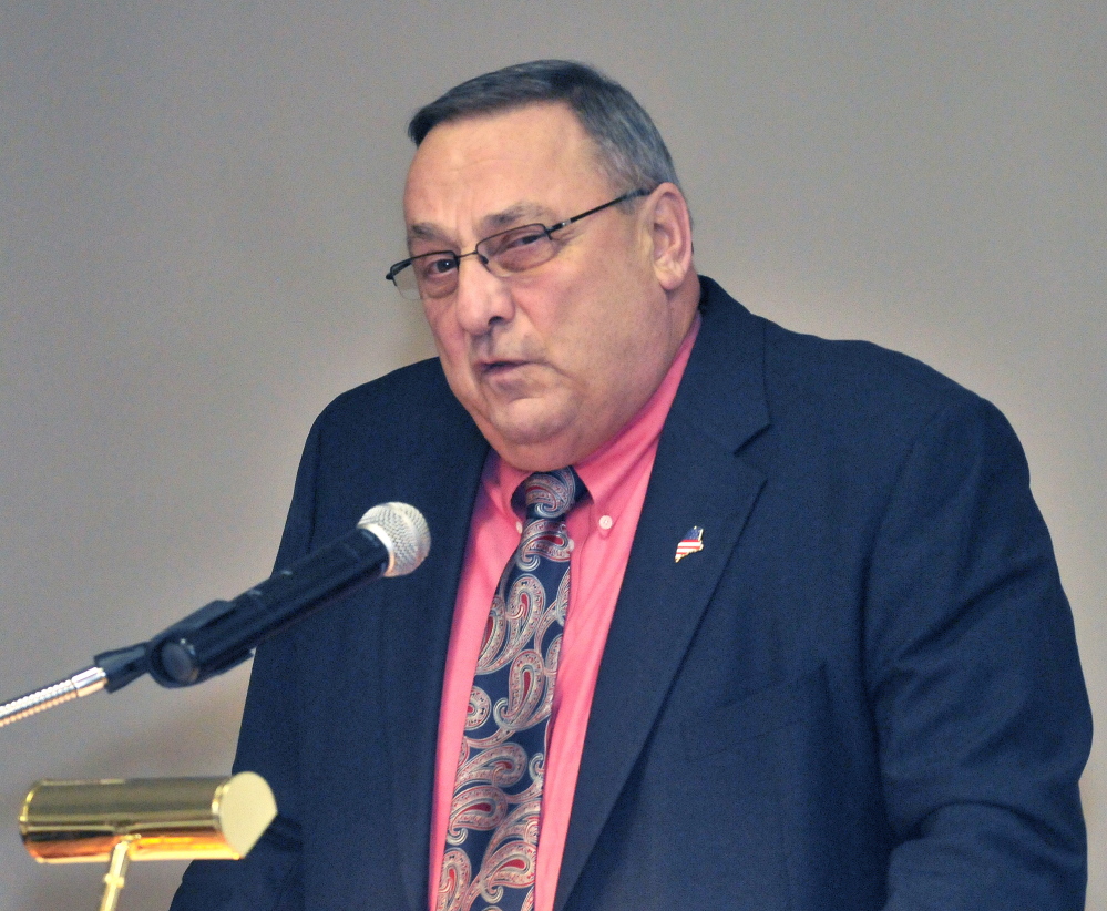 ON FAMILIAR TURF: Gov. Paul LePage speaks on Thursday at the Maine Children’s Home for Little Wanderers at the annual dinner at the Elks Lodge in Waterville.