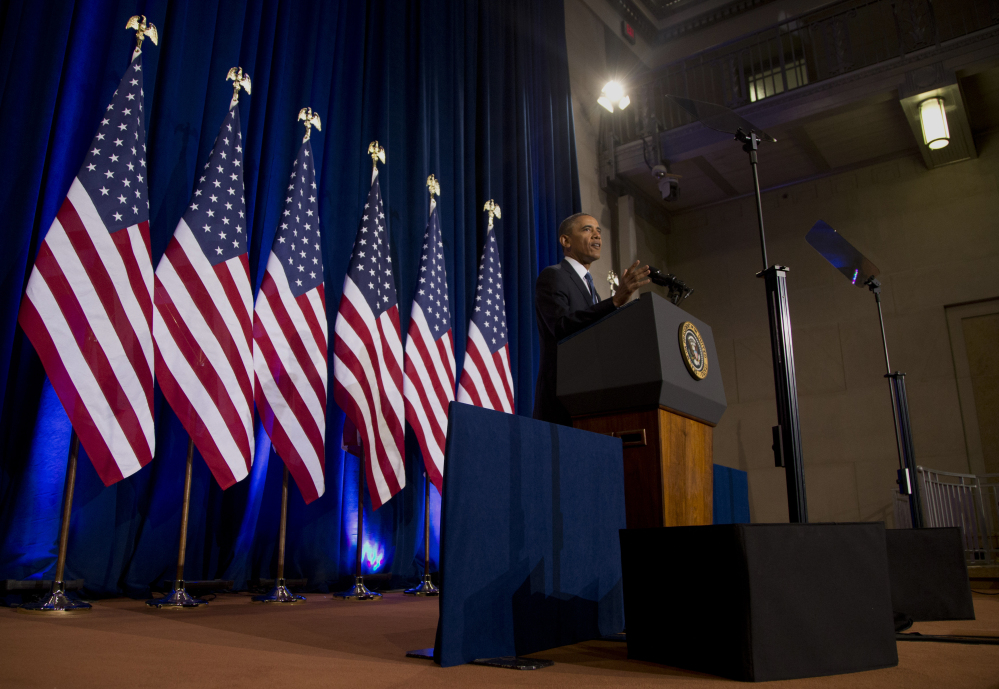 President Obama talks about National Security Agency surveillance Friday at the Justice Department in Washington.
