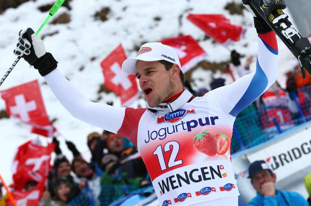 Switzerland’s Patrick Kueng celebrates after winning in front of his countrymen on Saturday.