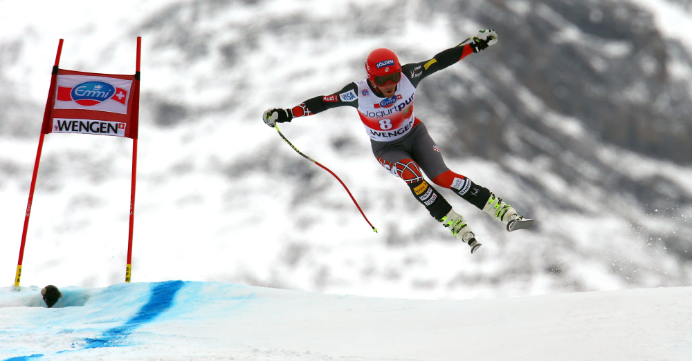 Bode Miller soars during his fifth-place run in a World Cup downhill event in Wengen, Switzerland, on Saturday.